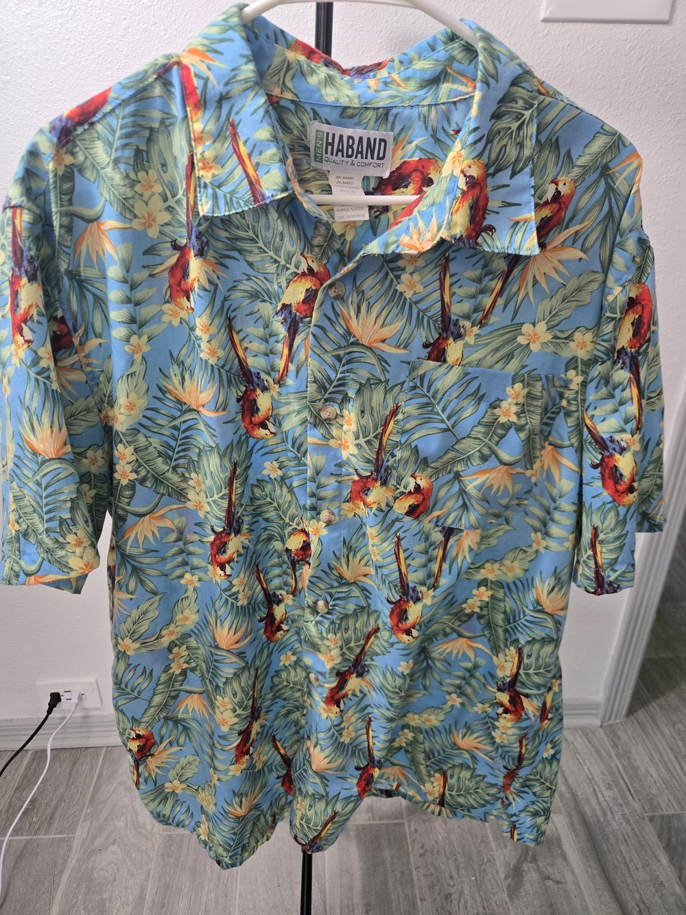 Haband Blue Tropical Parrot Print Short-Sleeve Button Down Shirt
